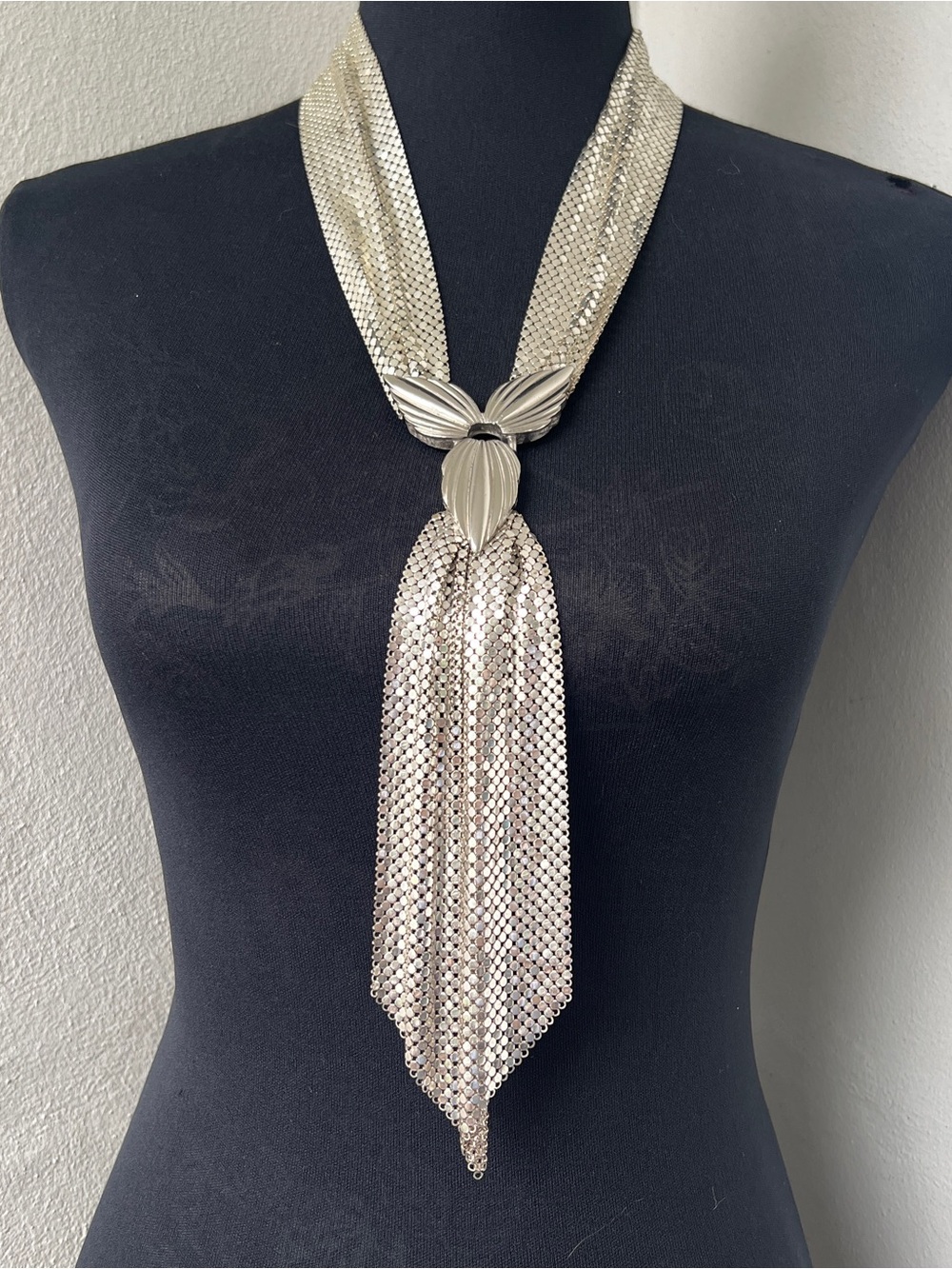 Incredible Whiting & Davis Vintage Silver Mesh Necklace Torso Length Necktie
